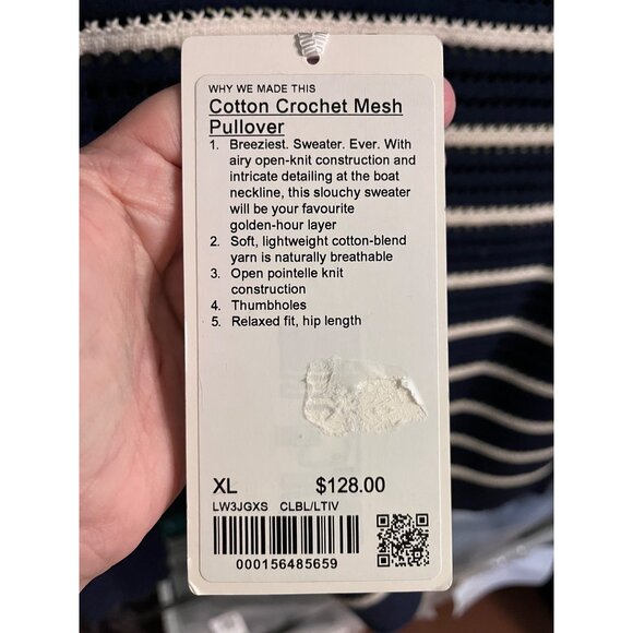 Lululemon Cotton Crochet Pullover Sweater Club Blue/Light Ivory XL Open-Knit - Picture 4 of 5